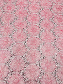 Satin Rosette Sequins Fabric - Baby Pink - 3D Rosette Satin Rose Fabric with Sequins By Yard