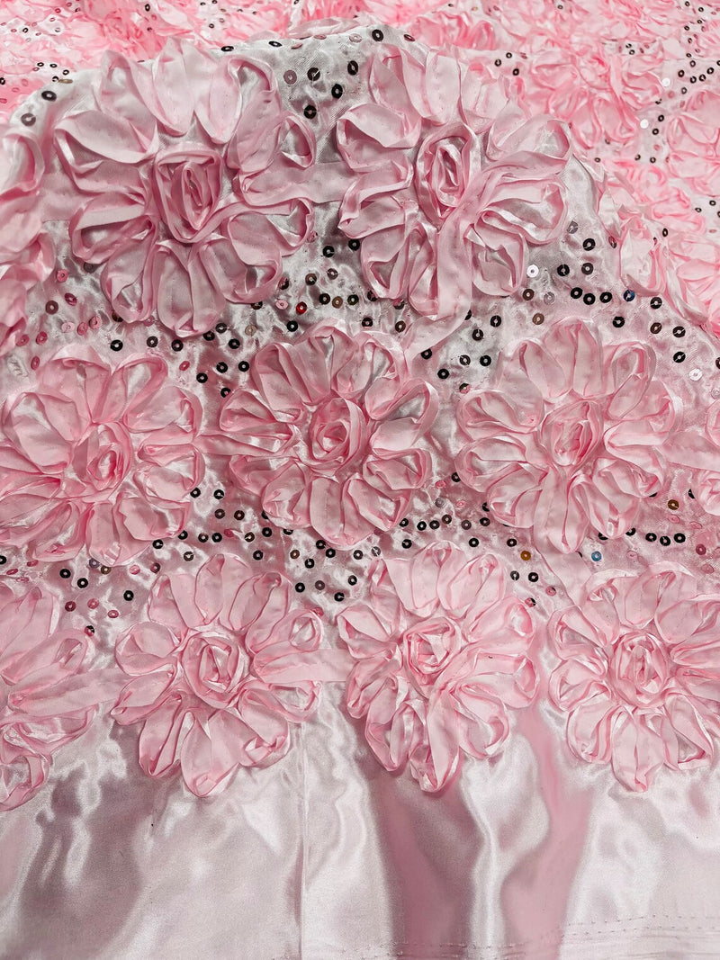 Satin Rosette Sequins Fabric - Baby Pink - 3D Rosette Satin Rose Fabric with Sequins By Yard