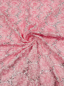 Satin Rosette Sequins Fabric - Baby Pink - 3D Rosette Satin Rose Fabric with Sequins By Yard