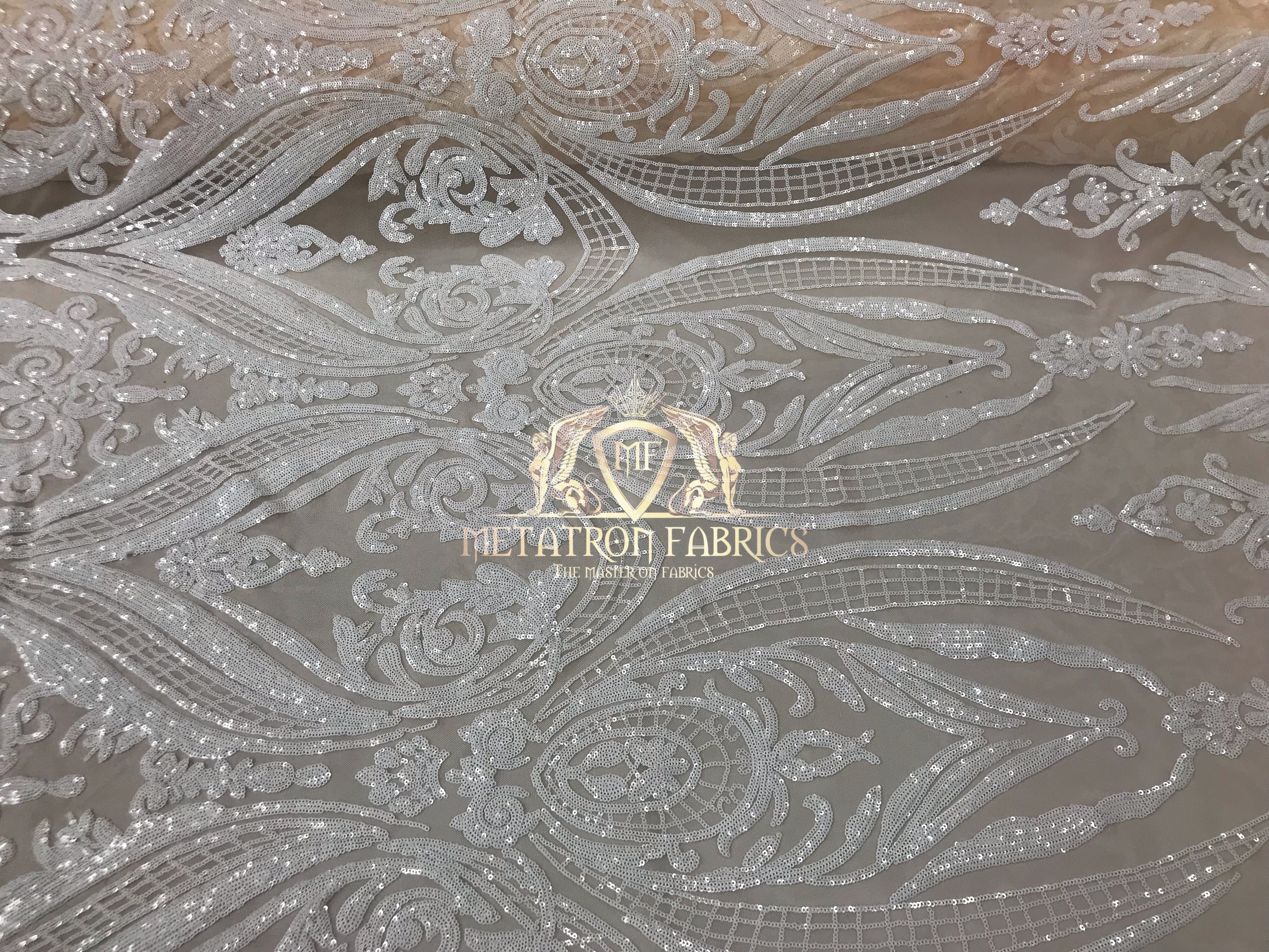 Big Damask Sequins Fabric - White on Nude Mesh - 4 Way Stretch Damask Sequins Design Fabric By Yard