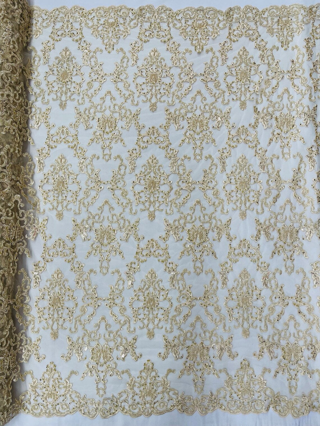 Butterfly Bead Sequins Fabric - Beige - Damask Beaded Sequins Lace Fabric by the yard