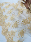 Floral Damask Lace Fabric - Beige - Embroidered Damask Flowers on Lace Fabric By Yard