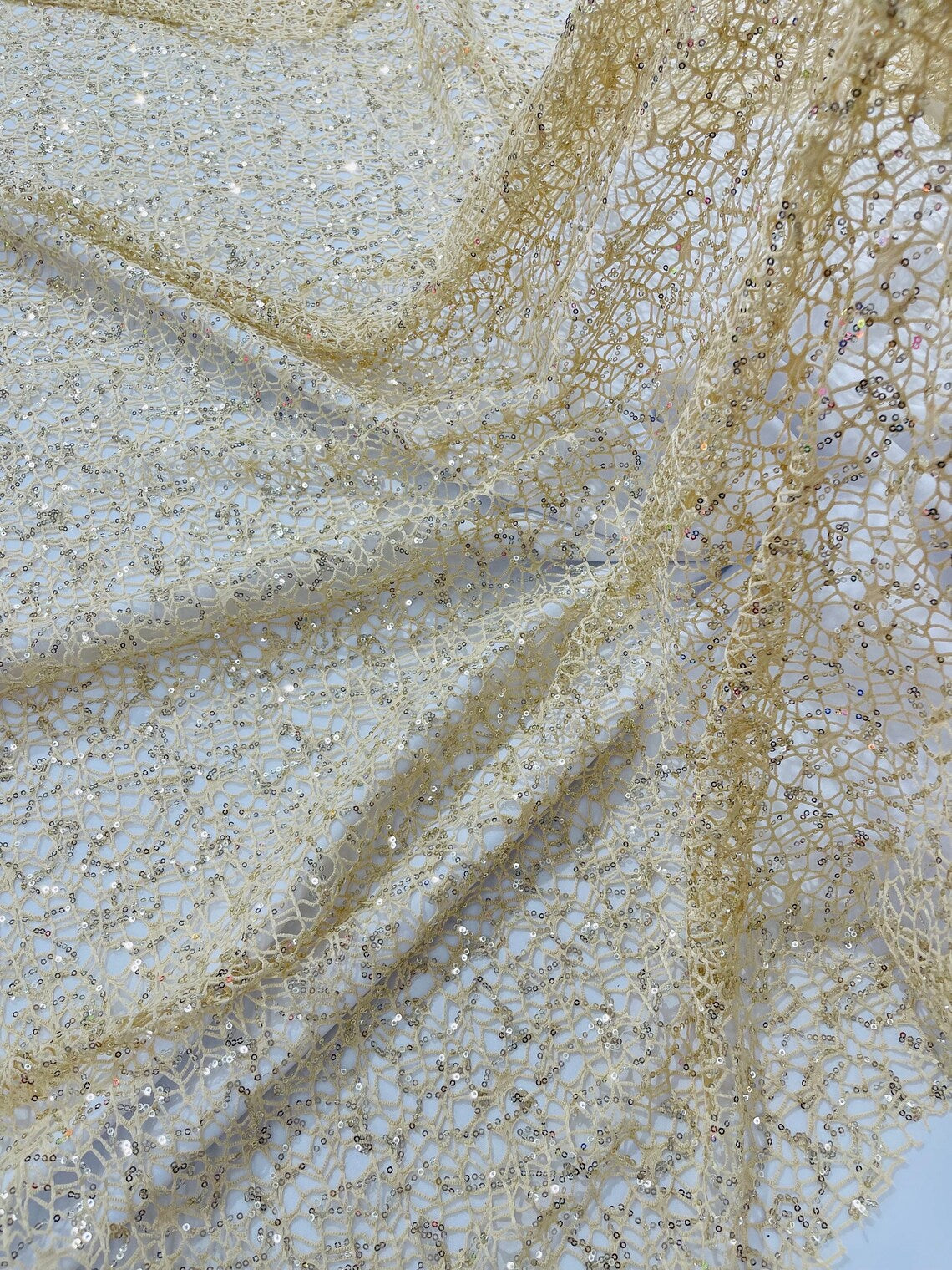 Cast Net Sequins Fabric - Beige - Embroidery Fish Net Design Sequins Lace Fabric By Yard
