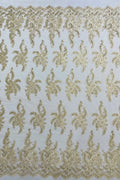 Long Leaf Designs Lace Fabric - Beige - Embroidered Braid Leaf Pattern on Lace Mesh Fabric By Yard