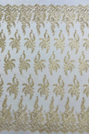 Long Leaf Designs Lace Fabric - Beige - Embroidered Braid Leaf Pattern on Lace Mesh Fabric By Yard