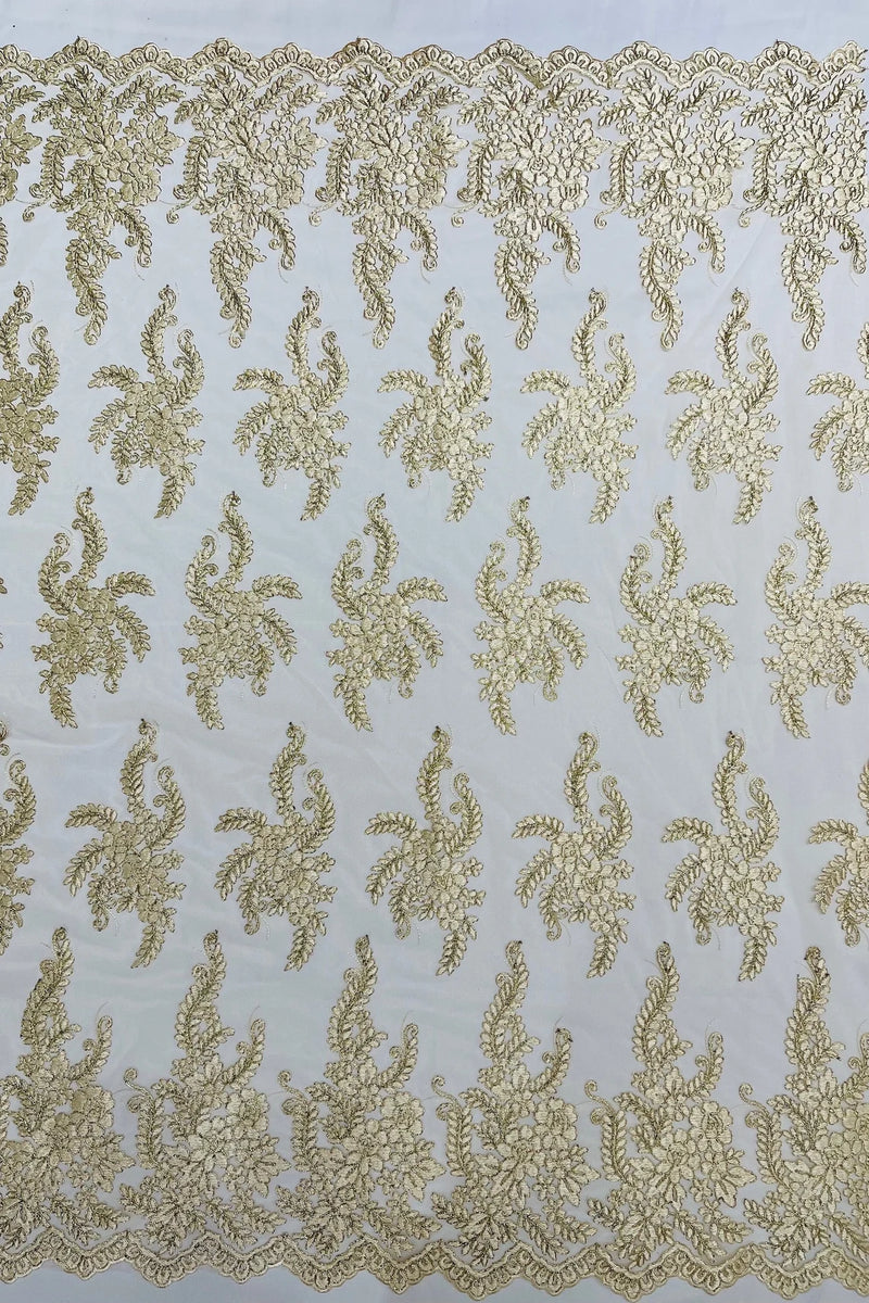 Long Leaf Designs Lace Fabric - Beige - Embroidered Braid Leaf Pattern on Lace Mesh Fabric By Yard