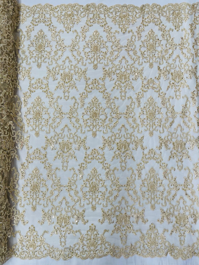 Butterfly Bead Sequins Fabric - Beige - Damask Beaded Sequins Lace Fabric by the yard