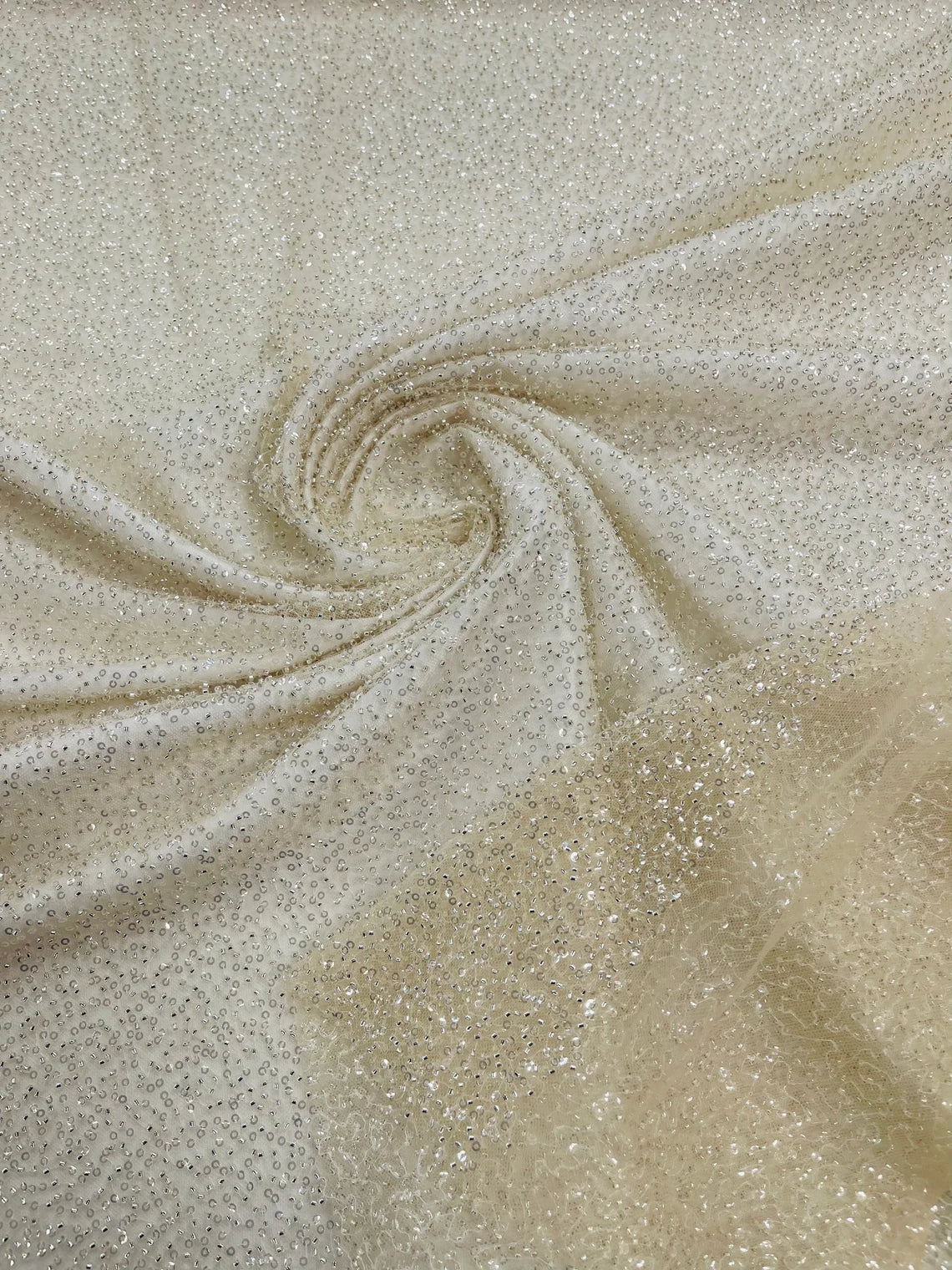 3D Beaded Lace Fabric - Beige - Heavy Embroidery Handmade Lace, Beaded Fabric By Yard