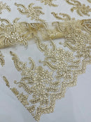 Long Leaf Designs Lace Fabric - Beige - Embroidered Braid Leaf Pattern on Lace Mesh Fabric By Yard