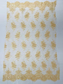 Floral Damask Lace Fabric - Beige - Embroidered Damask Flowers on Lace Fabric By Yard