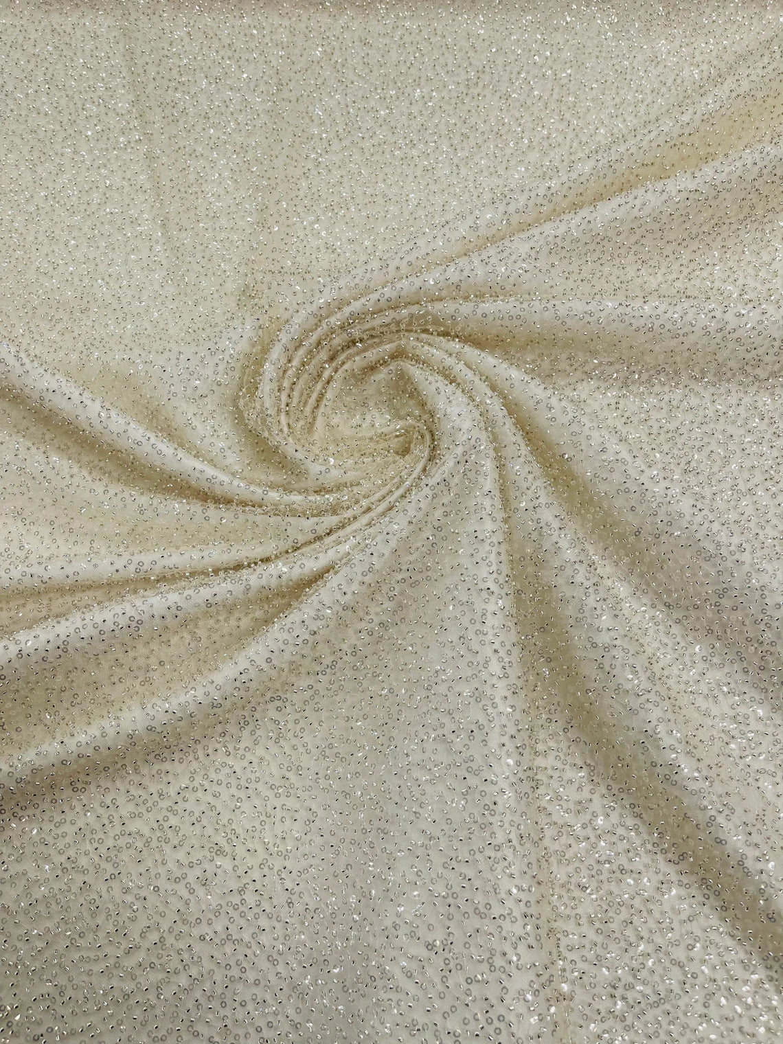 3D Beaded Lace Fabric - Beige - Heavy Embroidery Handmade Lace, Beaded Fabric By Yard