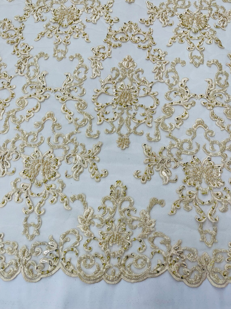 Butterfly Bead Sequins Fabric - Beige - Damask Beaded Sequins Lace Fabric by the yard