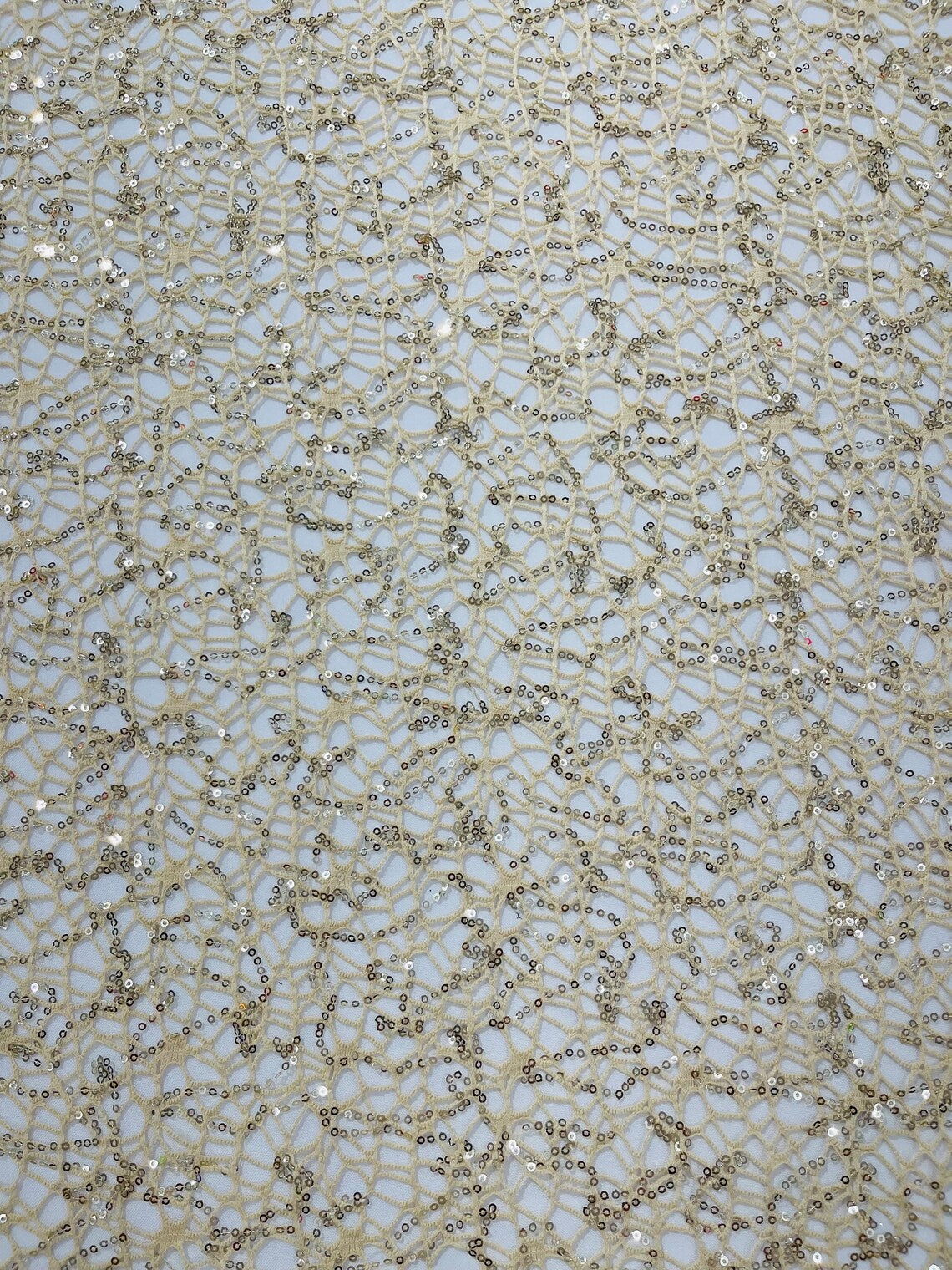 Cast Net Sequins Fabric - Beige - Embroidery Fish Net Design Sequins Lace Fabric By Yard