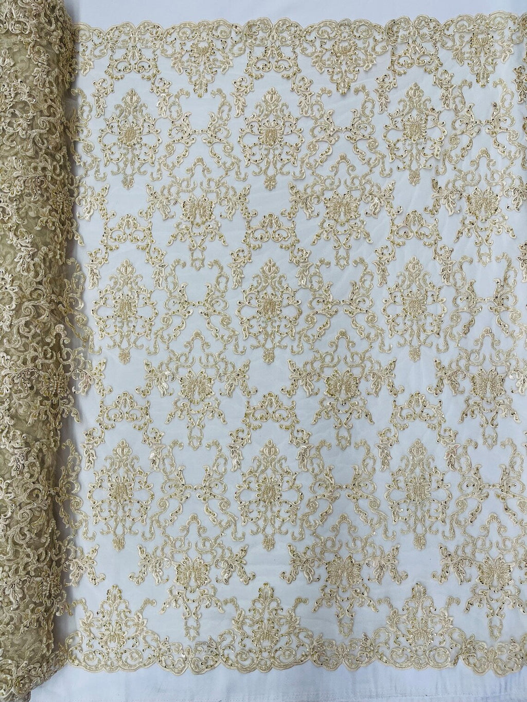 Butterfly Bead Sequins Fabric - Beige - Damask Beaded Sequins Lace Fabric by the yard