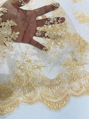 Floral Damask Lace Fabric - Beige - Embroidered Damask Flowers on Lace Fabric By Yard
