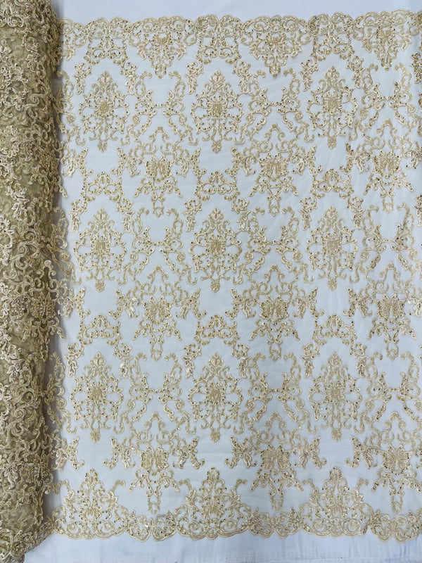 Butterfly Bead Sequins Fabric - Beige - Damask Beaded Sequins Lace Fabric by the yard