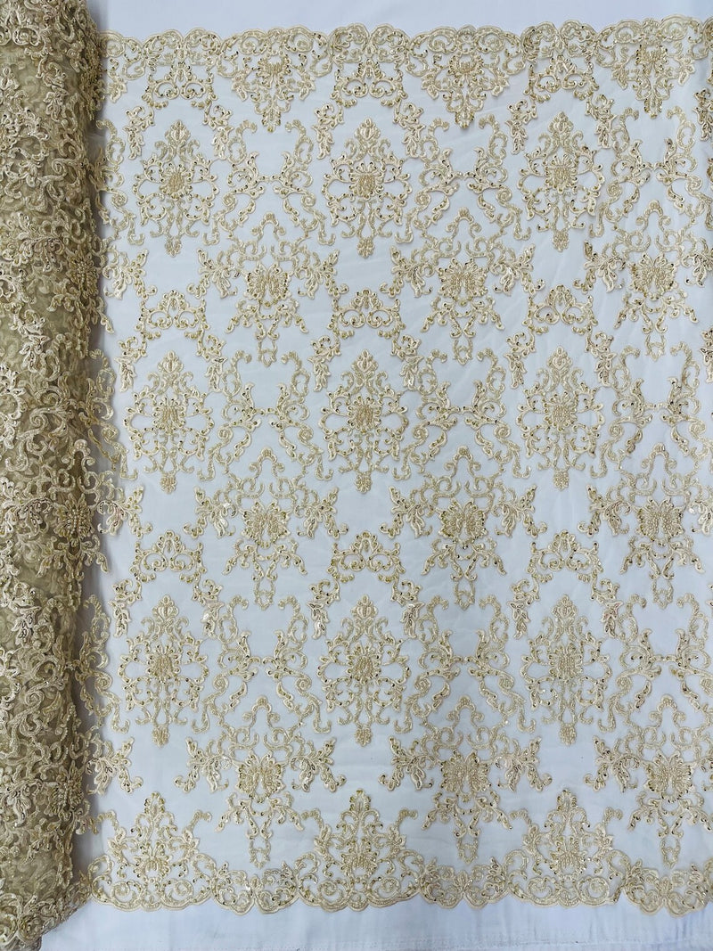 Butterfly Bead Sequins Fabric - Beige - Damask Beaded Sequins Lace Fabric by the yard