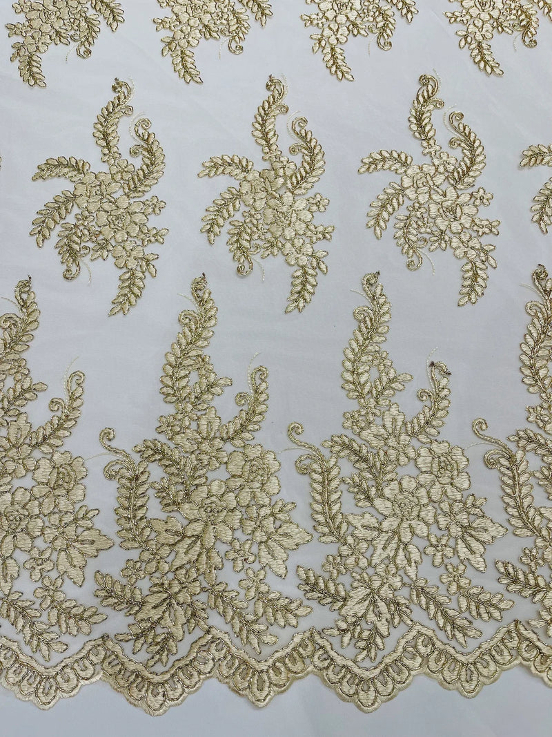 Long Leaf Designs Lace Fabric - Beige - Embroidered Braid Leaf Pattern on Lace Mesh Fabric By Yard