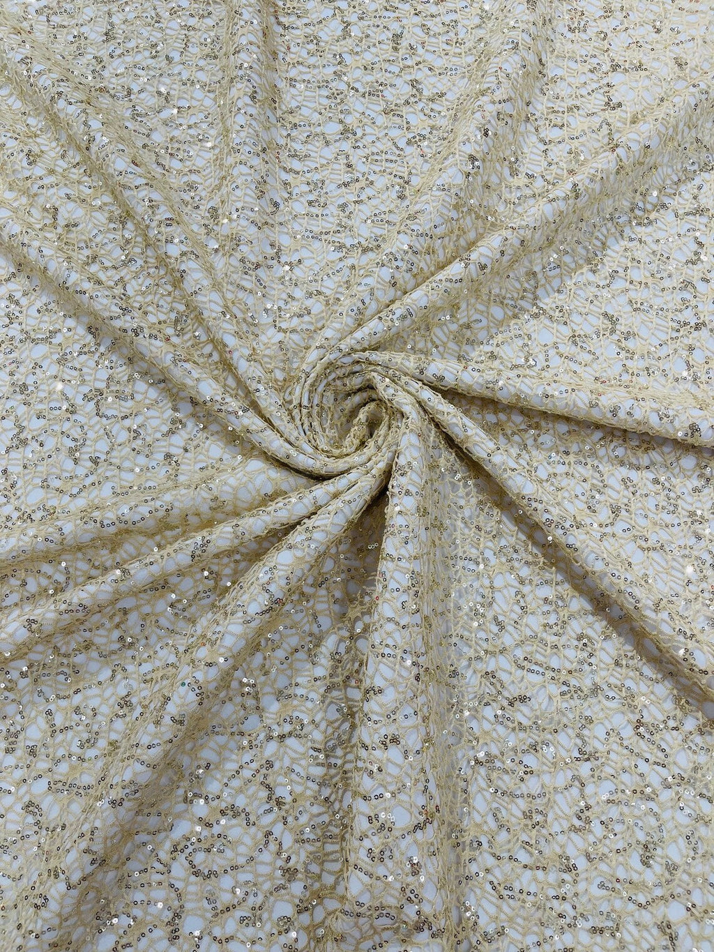 Cast Net Sequins Fabric - Beige - Embroidery Fish Net Design Sequins Lace Fabric By Yard
