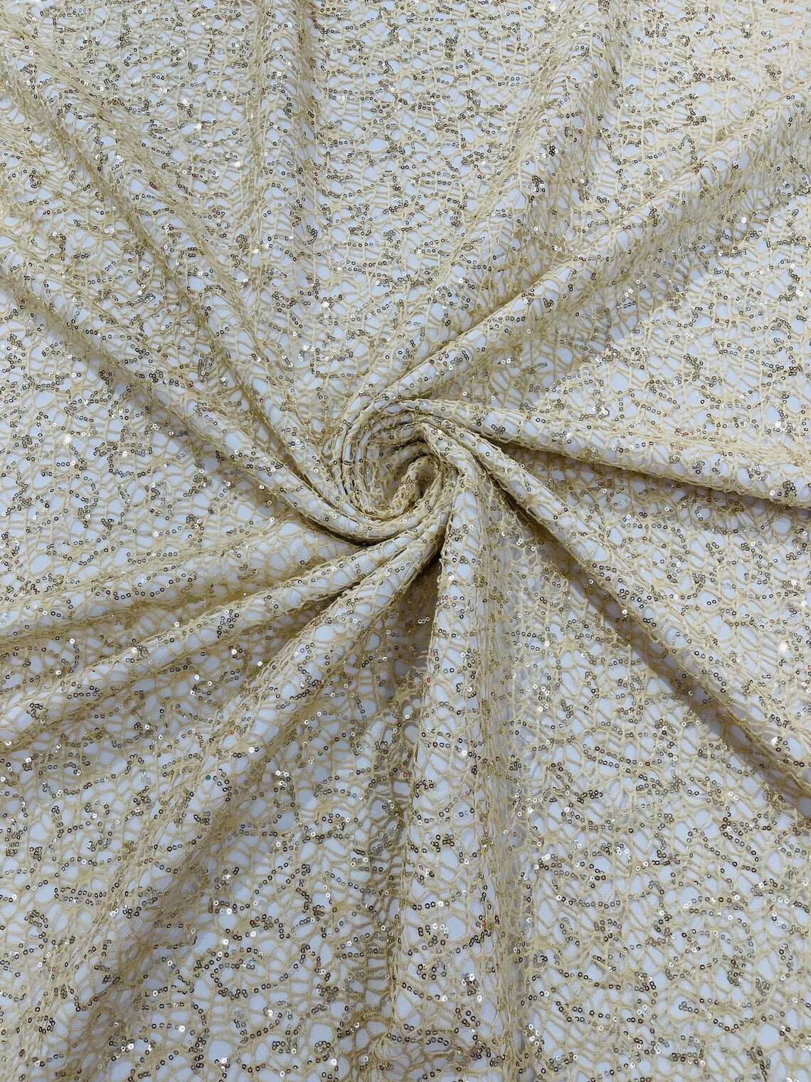 Cast Net Sequins Fabric - Beige - Embroidery Fish Net Design Sequins Lace Fabric By Yard