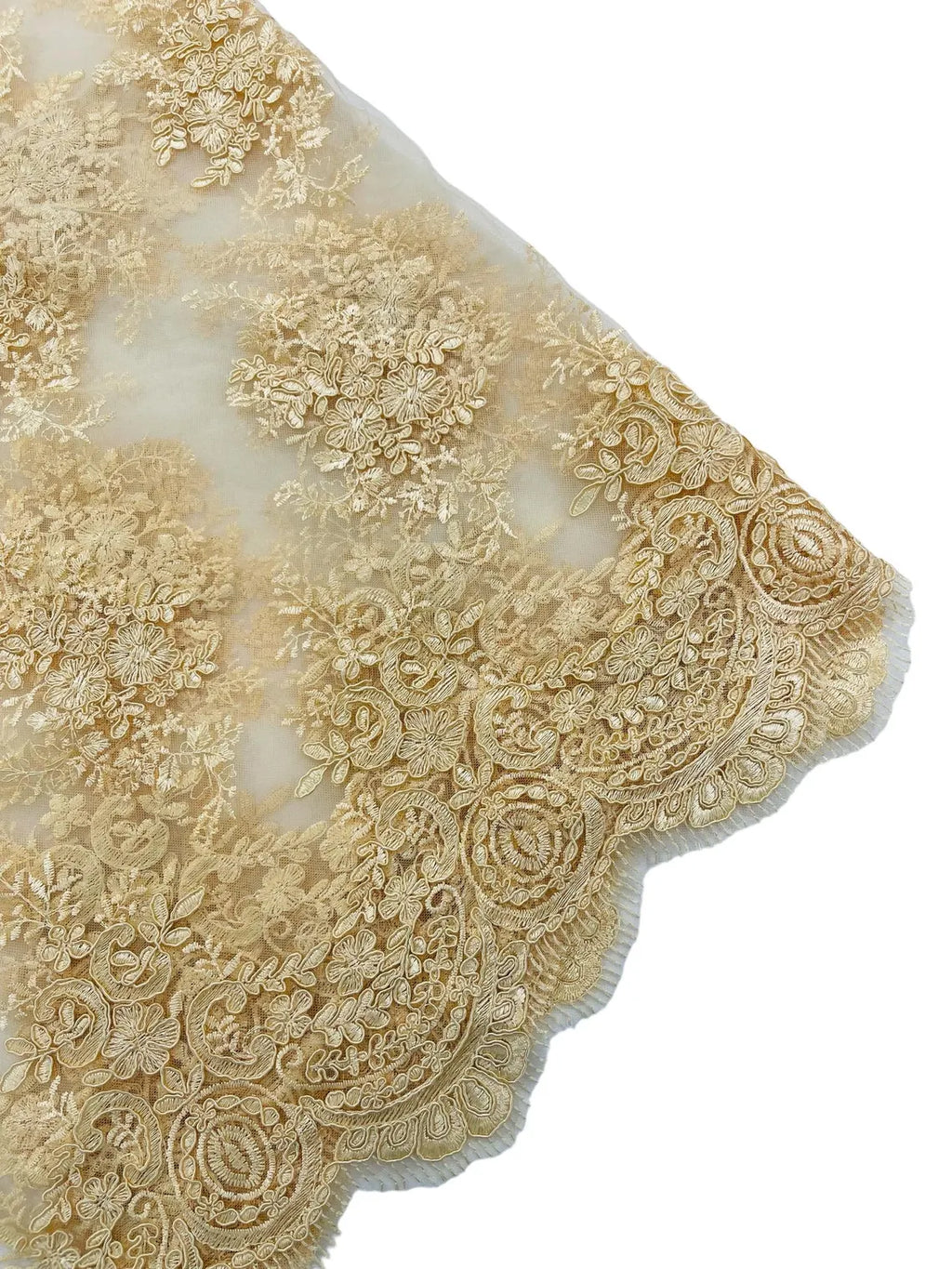 Floral Damask Lace Fabric - Beige - Embroidered Damask Flowers on Lace Fabric By Yard