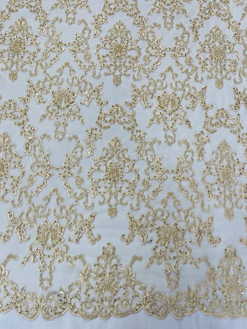 Butterfly Bead Sequins Fabric - Beige - Damask Beaded Sequins Lace Fabric by the yard