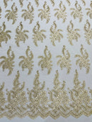 Long Leaf Designs Lace Fabric - Beige - Embroidered Braid Leaf Pattern on Lace Mesh Fabric By Yard