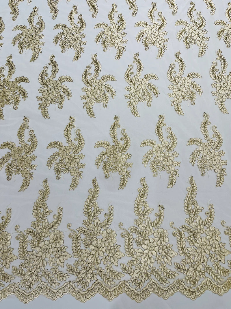 Long Leaf Designs Lace Fabric - Beige - Embroidered Braid Leaf Pattern on Lace Mesh Fabric By Yard