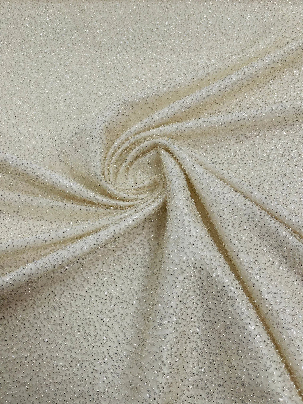 3D Beaded Lace Fabric - Beige - Heavy Embroidery Handmade Lace, Beaded Fabric By Yard
