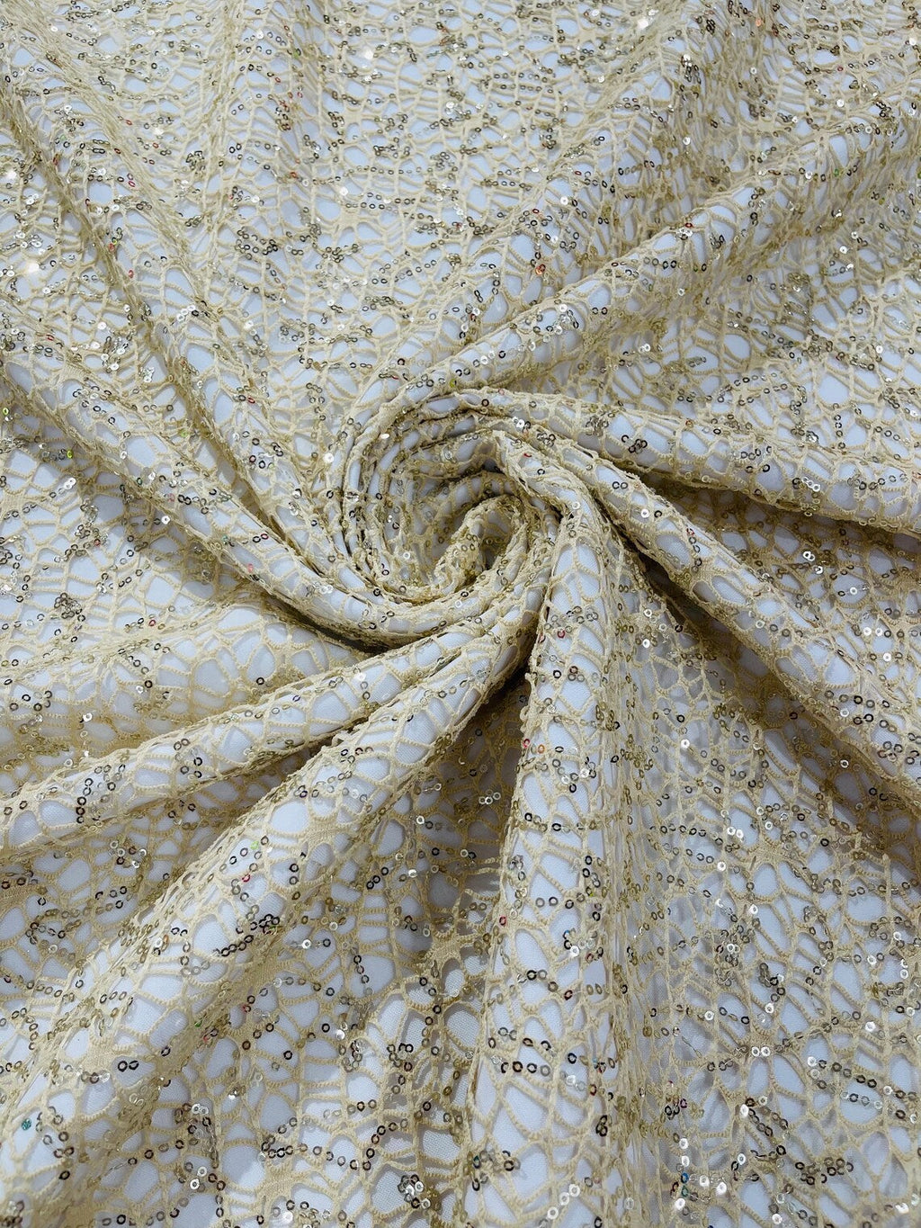 Cast Net Sequins Fabric - Beige - Embroidery Fish Net Design Sequins Lace Fabric By Yard