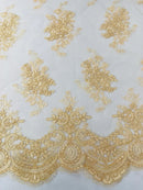 Floral Damask Lace Fabric - Beige - Embroidered Damask Flowers on Lace Fabric By Yard