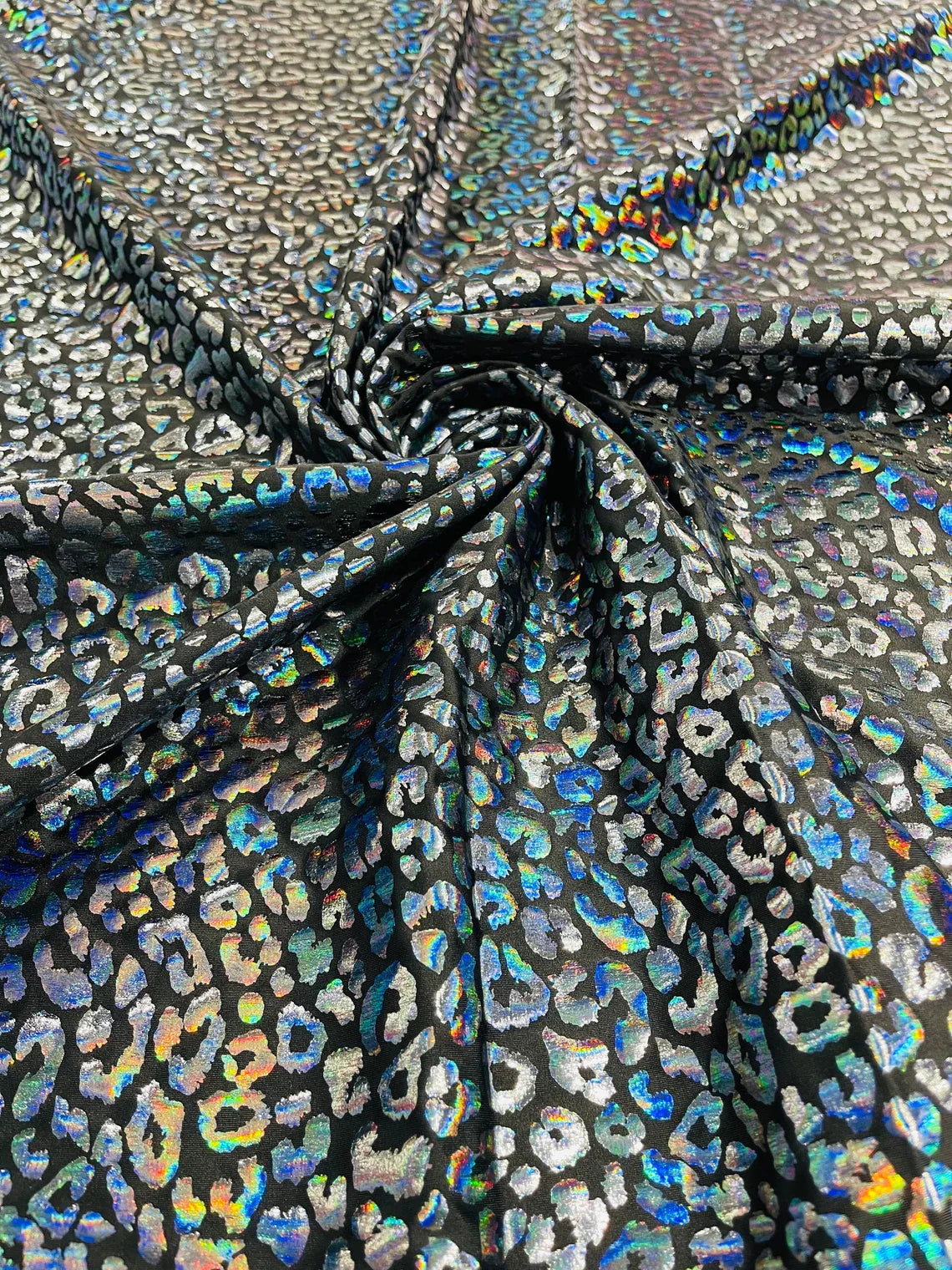 Cheetah Mystique Foil Fabric - Black - 58/60" 4 Way Stretch Iridescent Foil Cheetah Print Spandex Fabric By Yard