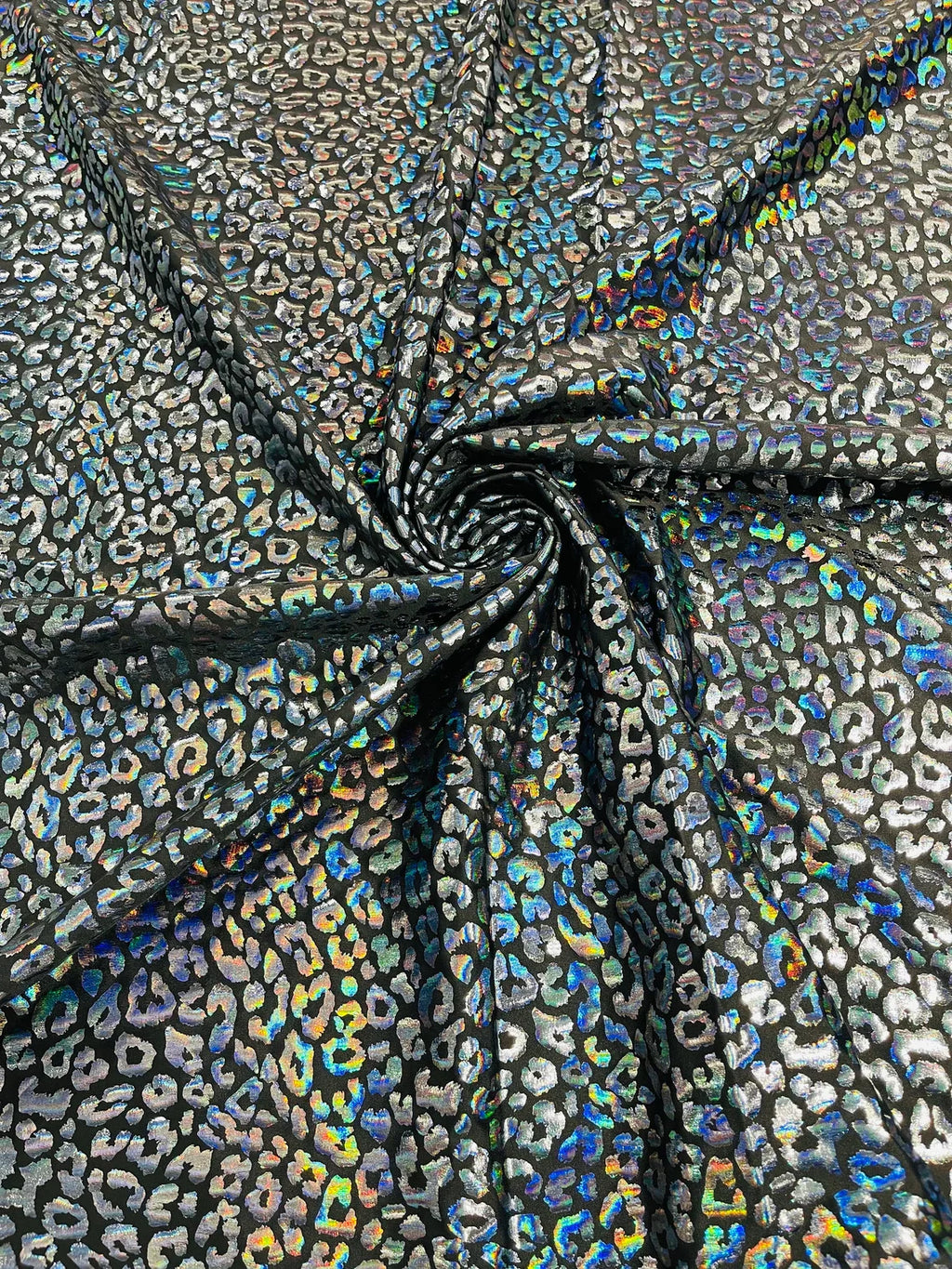 Cheetah Mystique Foil Fabric - Black - 58/60" 4 Way Stretch Iridescent Foil Cheetah Print Spandex Fabric By Yard