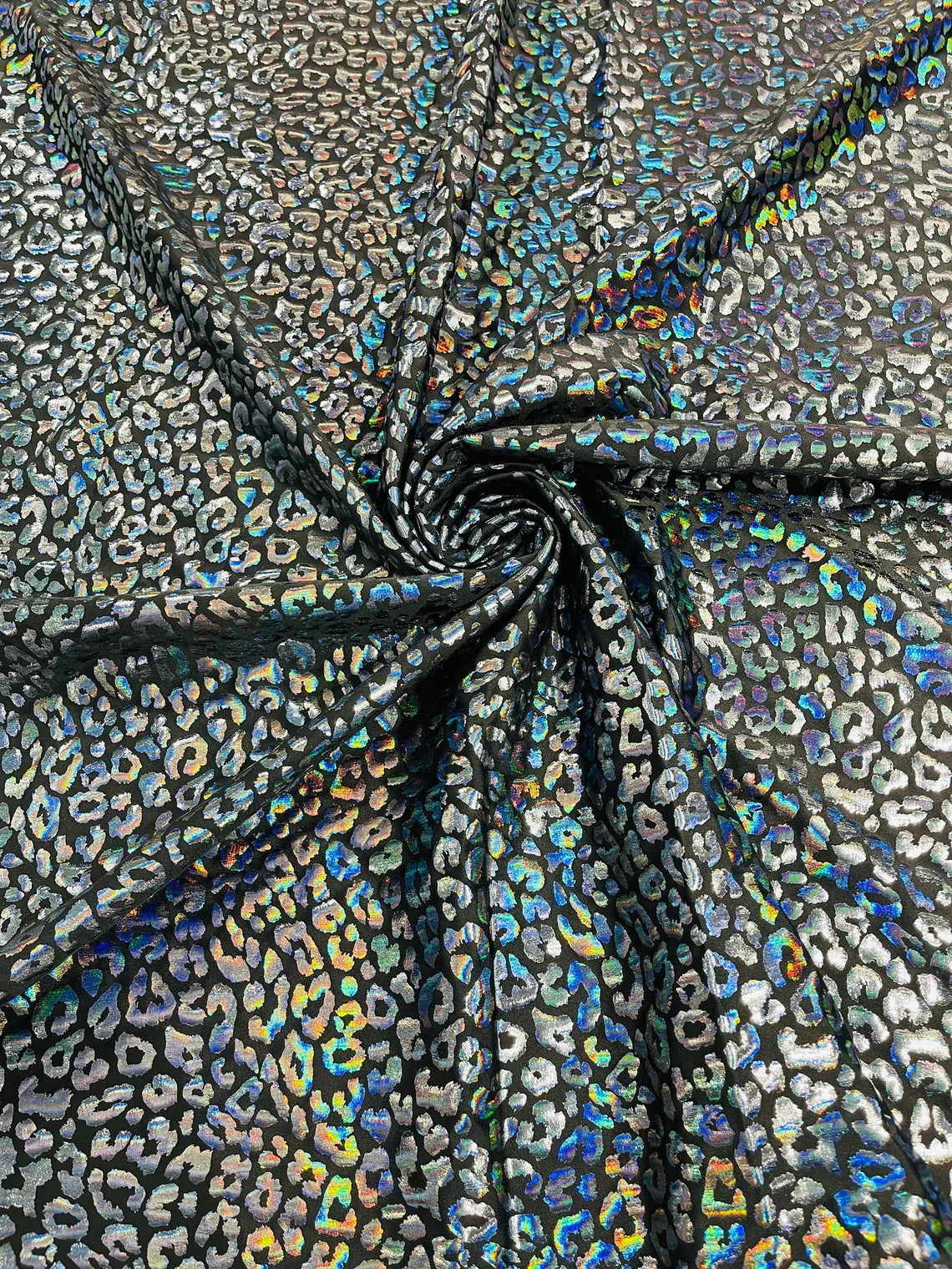 Cheetah Mystique Foil Fabric - Black - 58/60" 4 Way Stretch Iridescent Foil Cheetah Print Spandex Fabric By Yard