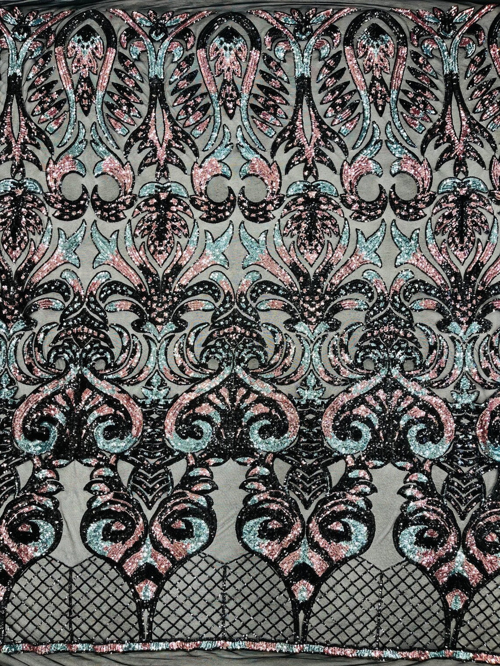 Open Heart Damask Design - Black / Dusty Rose - 4 Way Stretch Sequins Embroidered Fabric By Yard