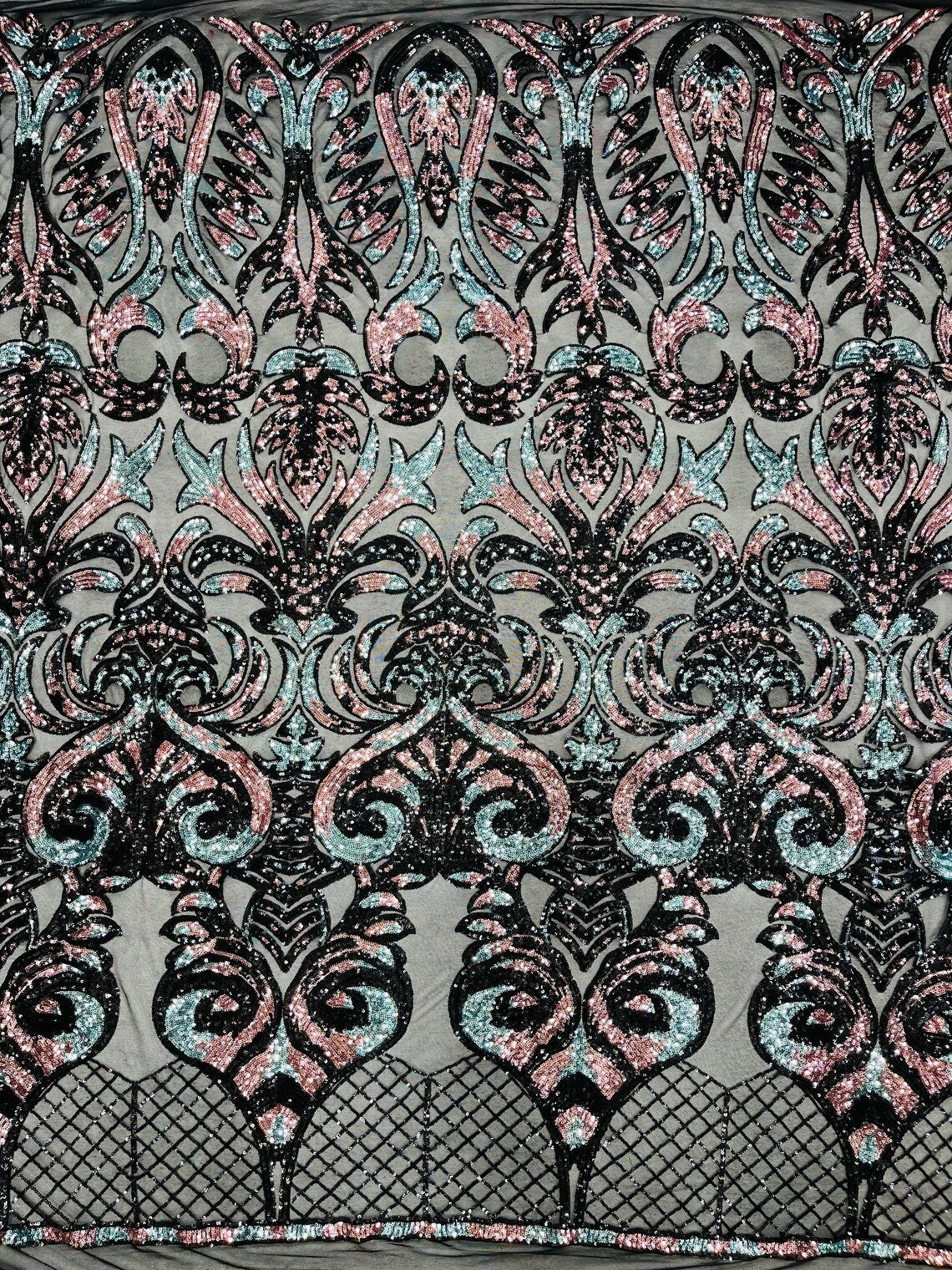 Open Heart Damask Design - Black / Dusty Rose - 4 Way Stretch Sequins Embroidered Fabric By Yard