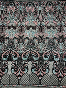Open Heart Damask Design - Black / Dusty Rose - 4 Way Stretch Sequins Embroidered Fabric By Yard
