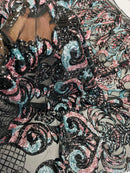 Open Heart Damask Design - Black / Dusty Rose - 4 Way Stretch Sequins Embroidered Fabric By Yard