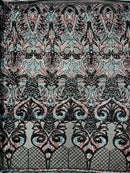 Open Heart Damask Design - Black / Dusty Rose - 4 Way Stretch Sequins Embroidered Fabric By Yard