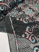 Open Heart Damask Design - Black / Dusty Rose - 4 Way Stretch Sequins Embroidered Fabric By Yard