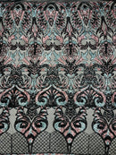 Open Heart Damask Design - Black / Dusty Rose - 4 Way Stretch Sequins Embroidered Fabric By Yard