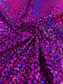 Cheetah Mystique Foil Fabric - Black / Fuchsia - 58/60" 4 Way Stretch Iridescent Foil Cheetah Print Spandex Fabric By Yard