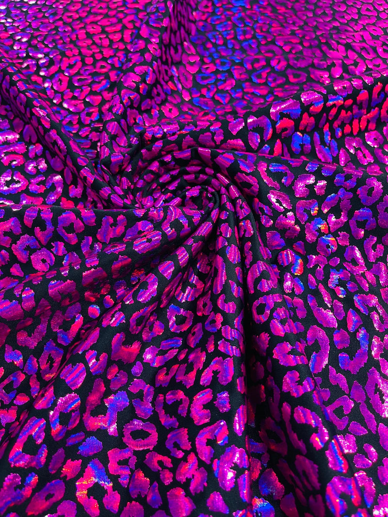 Cheetah Mystique Foil Fabric - Black / Fuchsia - 58/60 4 Way Stretch