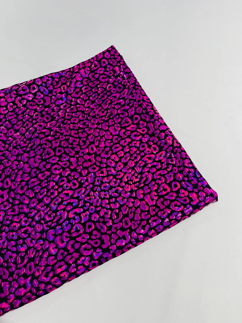 Cheetah Mystique Foil Fabric - Black / Fuchsia - 58/60" 4 Way Stretch Iridescent Foil Cheetah Print Spandex Fabric By Yard