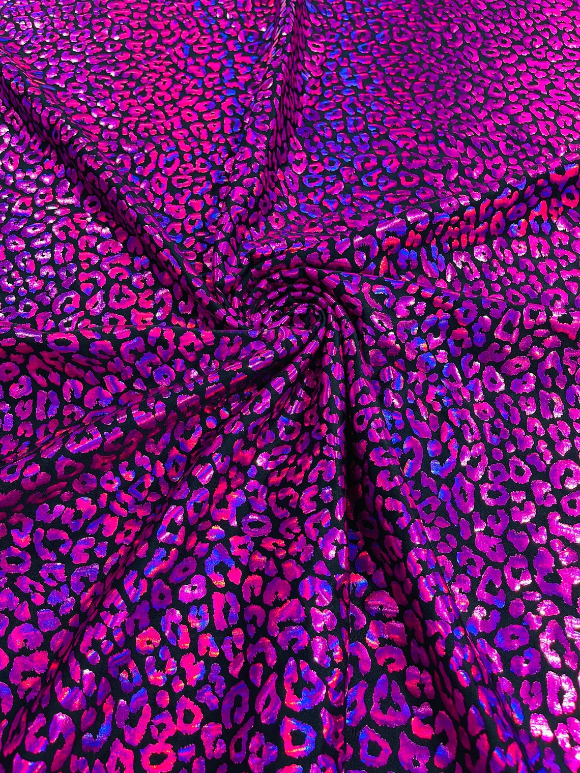 Cheetah Mystique Foil Fabric - Black / Fuchsia - 58/60" 4 Way Stretch Iridescent Foil Cheetah Print Spandex Fabric By Yard