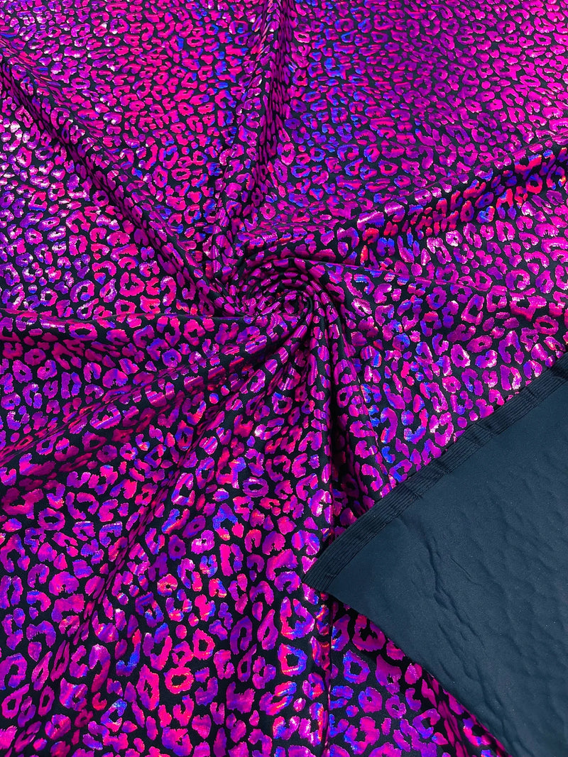 Cheetah Mystique Foil Fabric - Black / Fuchsia - 58/60" 4 Way Stretch Iridescent Foil Cheetah Print Spandex Fabric By Yard