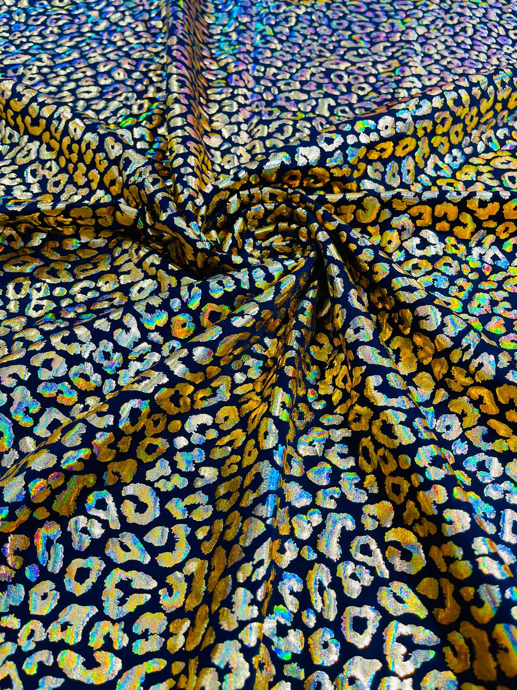 Cheetah Mystique Foil Fabric - Black / Gold - 58/60" 4 Way Stretch Iridescent Foil Cheetah Print Spandex Fabric By Yard