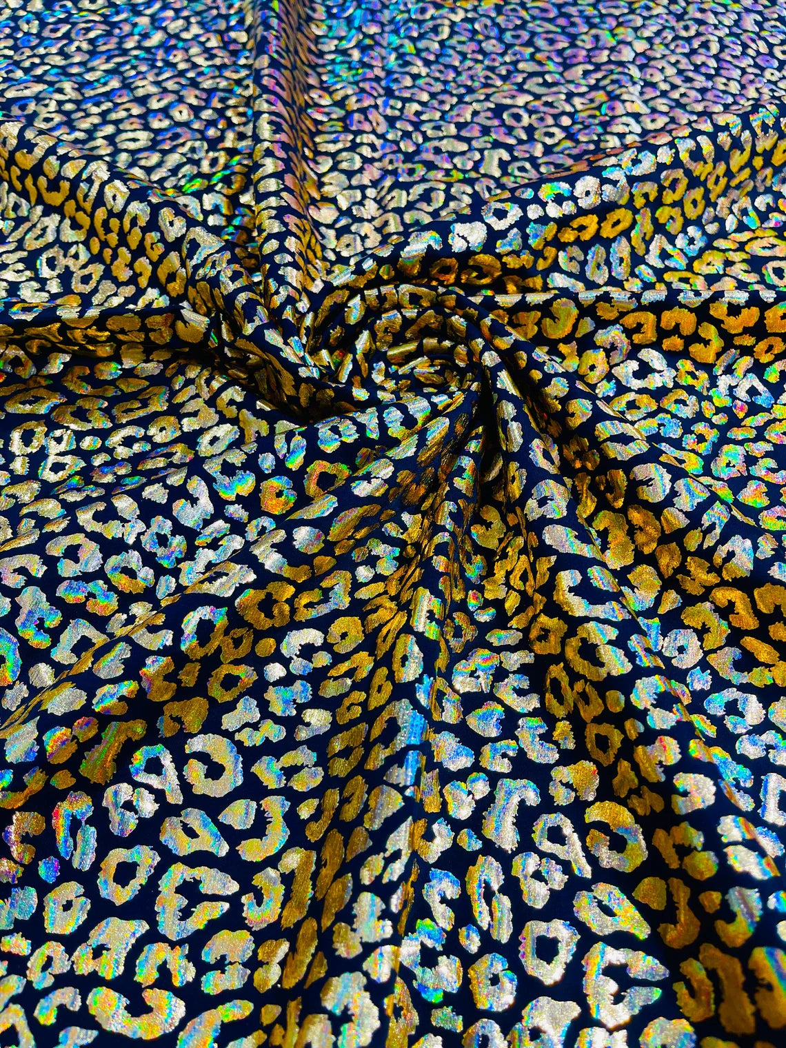 Cheetah Mystique Foil Fabric - Black / Gold - 58/60" 4 Way Stretch Iridescent Foil Cheetah Print Spandex Fabric By Yard