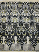 Open Heart Damask Design - Black / Gold - 4 Way Stretch Sequins Embroidered Fabric By Yard