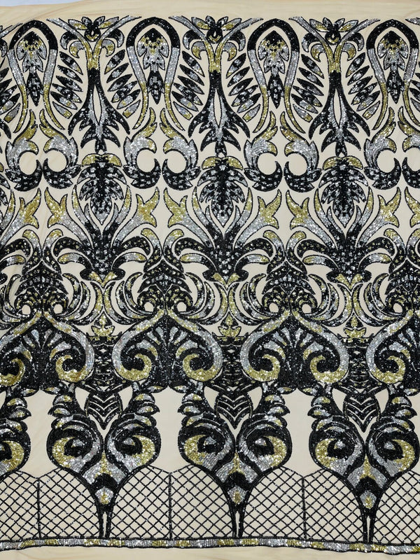 Open Heart Damask Design - Black / Gold - 4 Way Stretch Sequins Embroidered Fabric By Yard